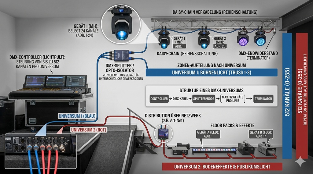 Ein detailliertes Diagramm eines komplexen DMX-Beleuchtungssystems mit einem Lichtpult, das zwei Universen steuert. Universum 1 ist blau markiert und speist eine Daisy-Chain-Traverse mit Moving Heads, während Universum 2 rot markiert ist und eine Daisy-Chain-Anordnung auf dem Boden mit LED-Bars und einer Nebelmaschine über einen Netzwerk-Node steuert. Beide Universen verwenden Splitter und Terminatoren. Der Text im Bild erklärt die Kanalzuweisung und Zonenaufteilung