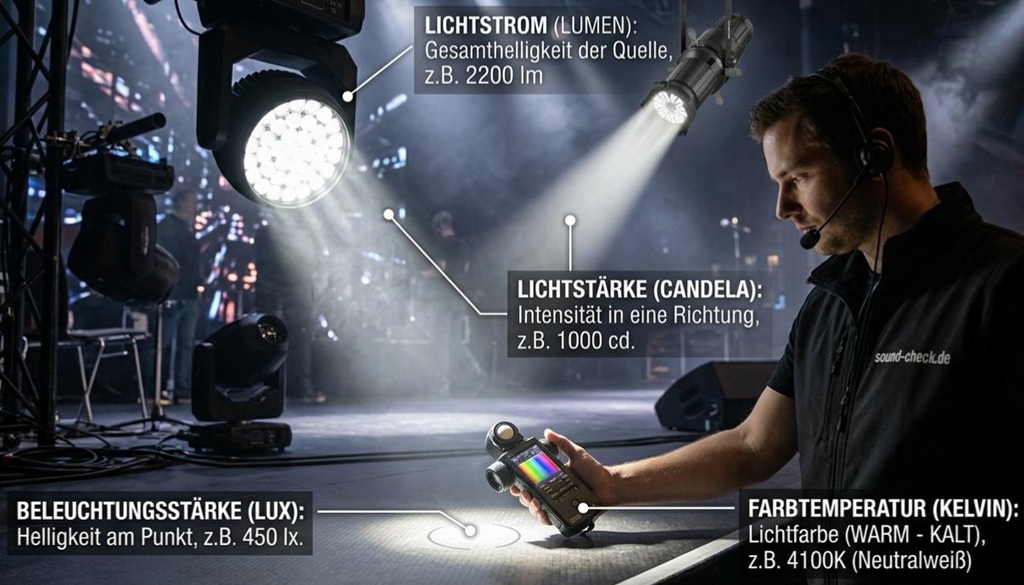 Eine Infografik auf einer dunklen Veranstaltungsbühne, die Lichttechnik-Begriffe erklärt. Ein Techniker misst das Licht von hängenden Scheinwerfern mit einem Handspektrometer. Vier Textboxen definieren per Zeigelinie die Begriffe: Lumen (Lichtstrom an der Linse), Candela (Lichtstärke im Strahl), Lux (Beleuchtungsstärke als Lichtfleck auf dem Boden) und Kelvin (Farbtemperatur auf dem Display des Messgeräts)