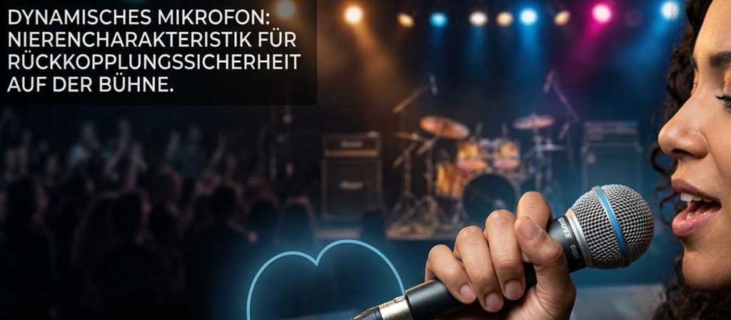 Ein Foto einer Sängerin auf einer Konzertbühne, die ein dynamisches Mikrofon hält. Um den Mikrofonkopf leuchtet eine blaue, herzförmige Grafik (Nierencharakteristik). Ein Text block oben links erklärt, dass dynamische Mikrofone mit Nierencharakteristik Rückkopplungssicherheit auf der Bühne bieten. Der Hintergrund zeigt eine Schlagzeug- und Lichtanlage. Ein kleiner sound-check.de Aufkleber ist auf einem Roadcase links zu sehen.