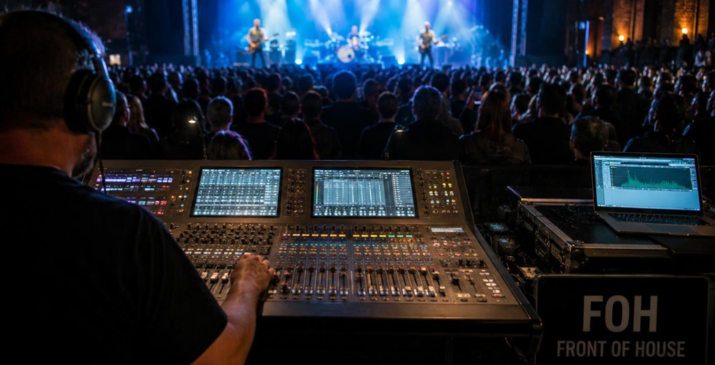 Tontechniker am FOH-Platz mischt ein Live-Konzert an einem digitalen Mischpult vor Publikum und Bühne.
