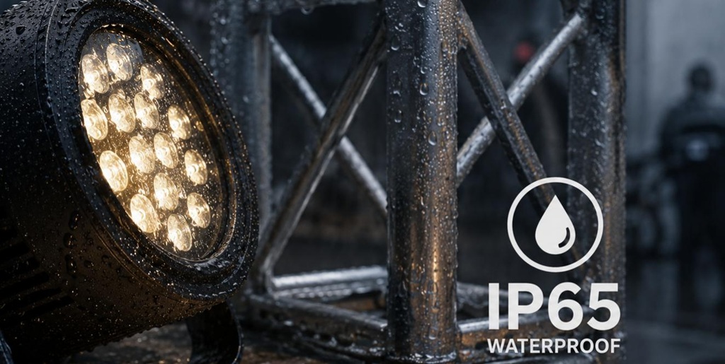 Wetterfester LED-Scheinwerfer mit IP65-Kennzeichnung auf nasser Traverse bei Regen.