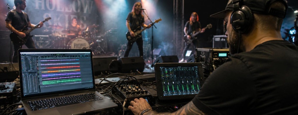 Tontechniker nimmt ein Live-Konzert mit Laptop, Audiointerface und digitalem Mischpult als Mehrspuraufnahme auf.