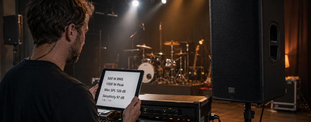 Techniker betrachtet bei einem Soundcheck die Leistungsdaten einer PA-Box auf einem Tablet neben Lautsprecher und Bühnenequipment.