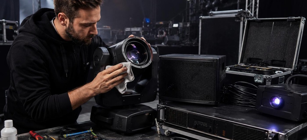 Techniker reinigt backstage die Linse eines Moving Heads neben PA-Lautsprecher, Laser, Kabeln und Wartungswerkzeug.