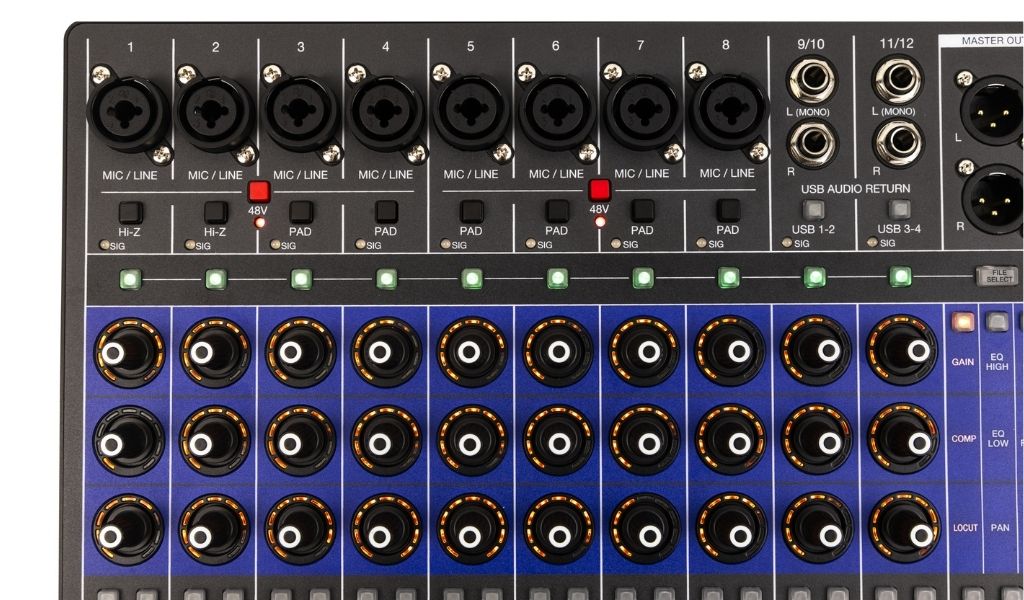 Die Kanalzüge mit Kombibuchsen, PAD, Hi-Z und Phantomspeisung zeigen den klaren Fokus auf flexible Signalverarbeitung im Live- und Recording-Einsatz.