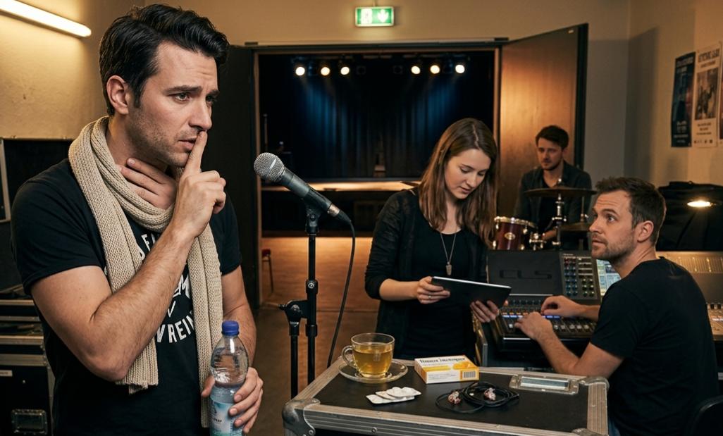 Eine Band im Backstage-Bereich bereitet sich auf einen Auftritt mit einer angeschlagenen Stimme vor. Im Vordergrund schont ein Sänger mit Schal und Wasserflasche seine Stimme und signalisiert Stimmruhe. Auf einem Flightcase mit einem „sound-check.de BACKSTAGE“-Aufkleber stehen Tee und Pastillen. Im Hintergrund passen Musiker und Techniker am Mischpult und Tablet die Setlist und den Sound an.