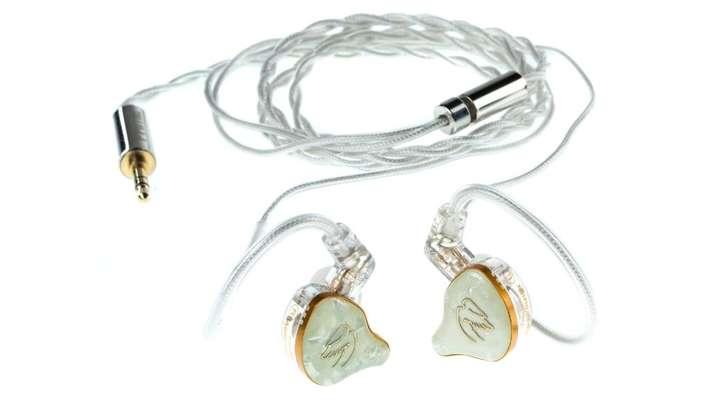 Zum Lieferumfang gehören die In-Ears, ein transparentes Kabel sowie verschiedene Ohrpassstücke für die Anpassung an unterschiedliche Ohrformen.