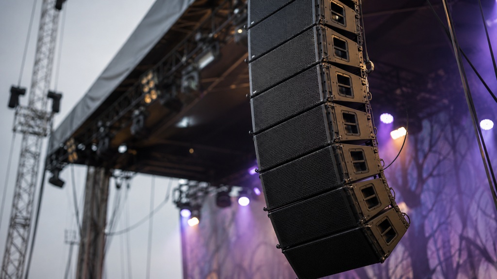 Lautsprecherboxen bei einer PA fliegend gehangen als Line-Array