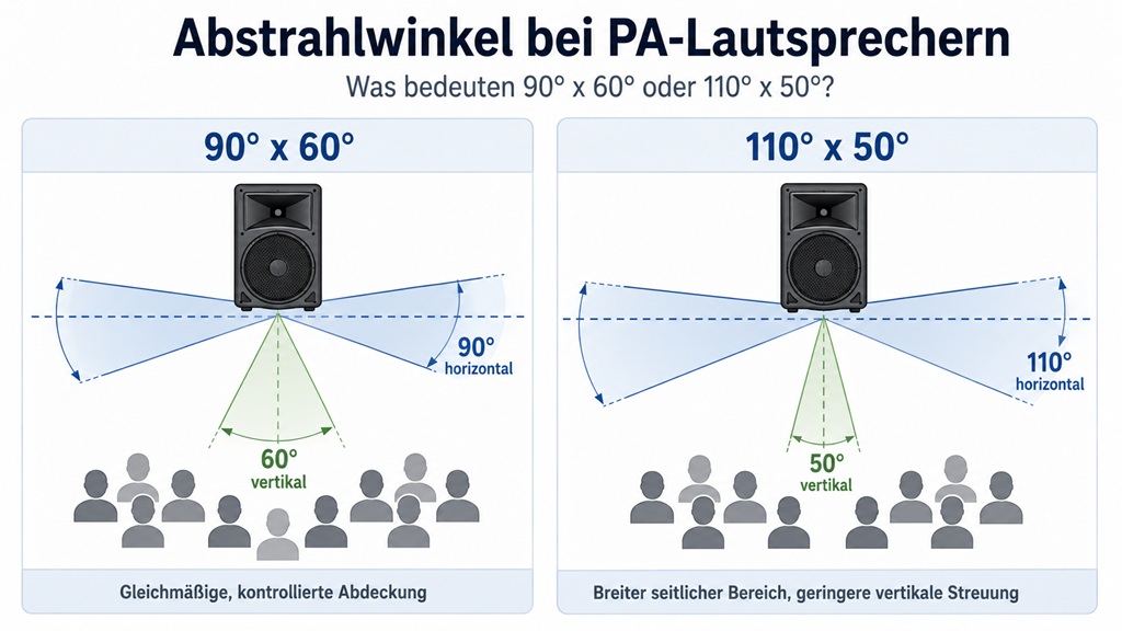 Infografik vergleicht die Abstrahlwinkel 90° x 60° und 110° x 50° bei PA-Lautsprechern mit horizontaler und vertikaler Schallabdeckung.