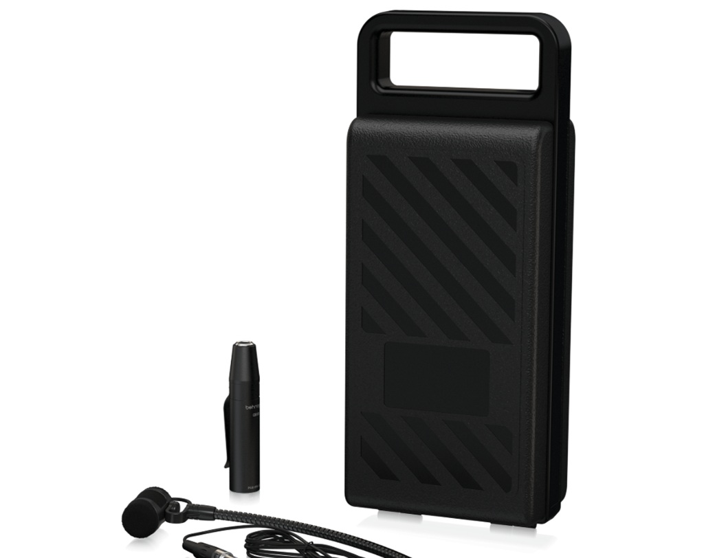 Behringer CB100 Test: Lieferumfang mit Schwanenhalsmikrofon, XLR-Phantomadapter, Kabel, Windschutz und schwarzem Transportcase.