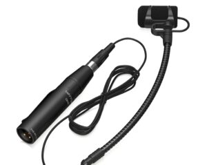 Behringer CB100 Kondensator-Schwanenhalsmikrofon mit XLR-Phantomadapter, Kabel und Windschutz für akustische Instrumente.