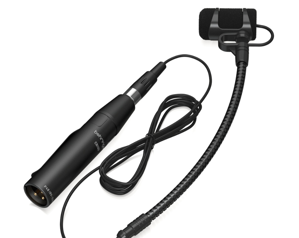 Behringer CB100 Kondensator-Schwanenhalsmikrofon mit XLR-Phantomadapter, Kabel und Windschutz für akustische Instrumente.