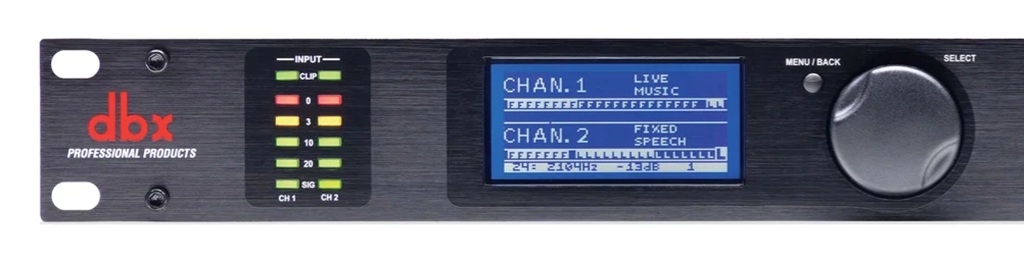 Frontansicht des dbx AFS2 Feedback-Unterdrückers mit LCD-Display, Eingangspegelanzeige und Select-Regler für Live-PA-Systeme.