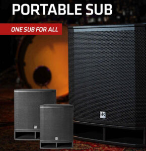 HK Audio PORTABLE SUB Subwoofer vor Musikerbühne mit Schriftzug „One Sub for All“ für mobile PA- und Live-Sound-Anwendungen.