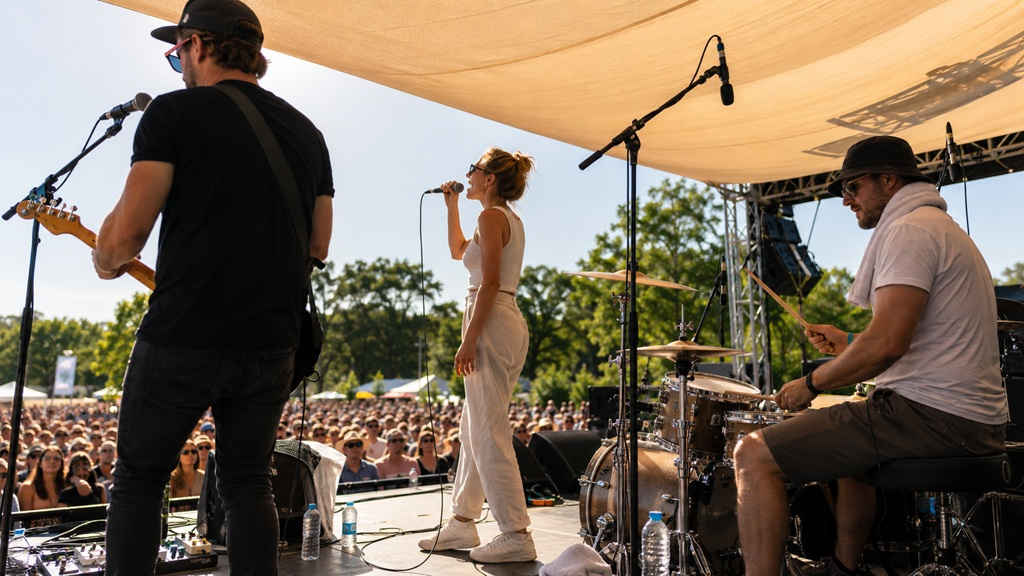 Band spielt bei einem sonnigen Open-Air-Gig auf einer Bühne mit Sonnensegel, Wasserflaschen und Publikum im Hintergrund.
