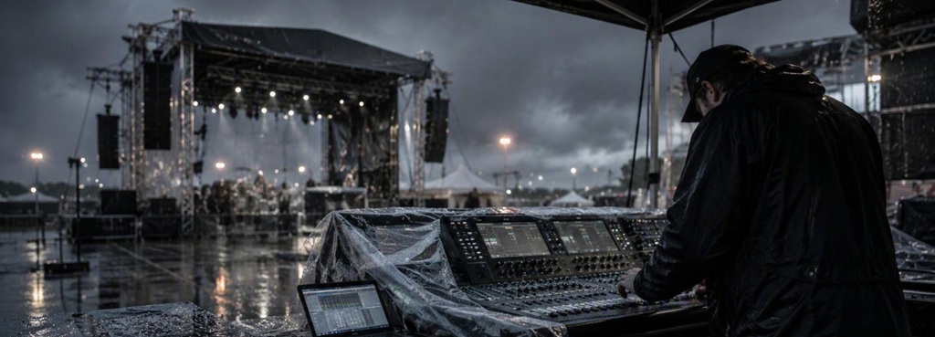 Tontechniker bedient ein regengeschütztes FOH-Mischpult bei einem nassen Outdoor-Konzert.