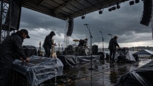 Band schützt PA, Mischpult, Gitarren, Drums und Keyboards auf einer nassen Outdoor-Bühne vor Regen.