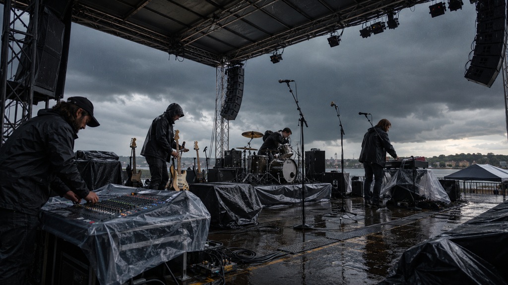 Band schützt PA, Mischpult, Gitarren, Drums und Keyboards auf einer nassen Outdoor-Bühne vor Regen.