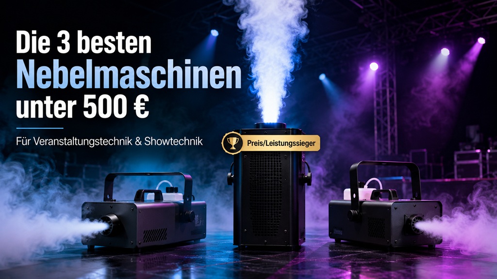 Drei Nebelmaschinen auf einer beleuchteten Bühne mit Nebel, Lichtstrahlen und Preis-Leistungssieger-Badge für Showtechnik unter 500 Euro.