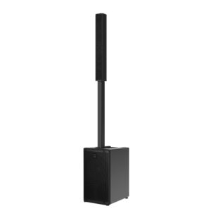 Schwarzes RCF EVOX JMIX9 Säulen-PA-System mit Subwoofer und schlanker Lautsprechersäule vor weißem Hintergrund.