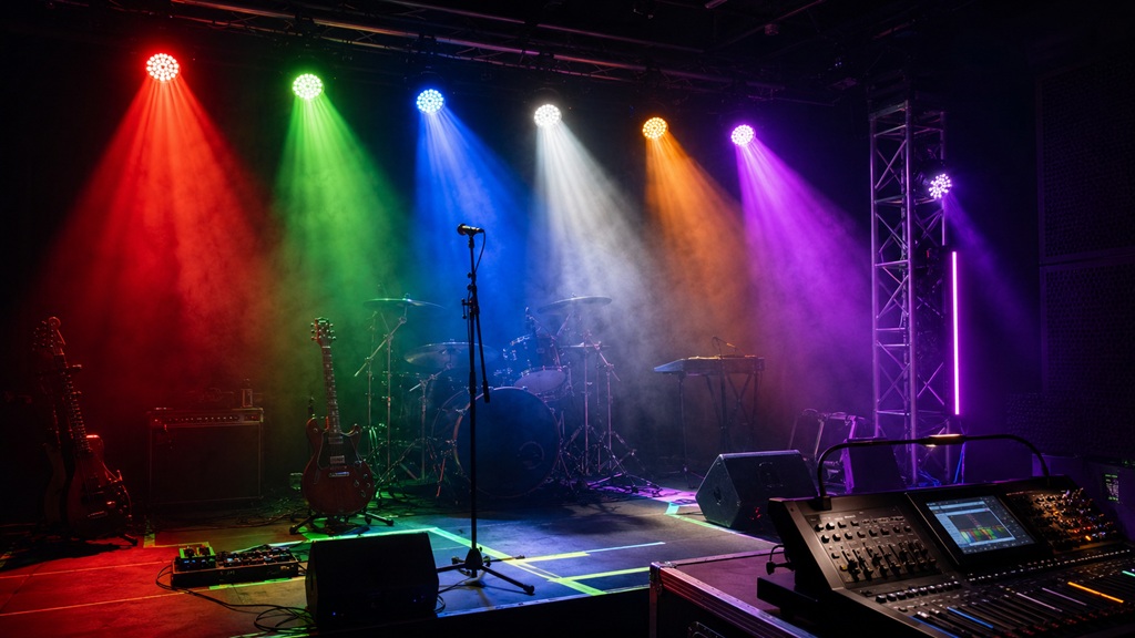 Konzertbühne mit RGBWA-UV LED-Scheinwerfern in Rot, Grün, Blau, Weiß, Amber und Violett über Band-Setup und Lichtpult.
