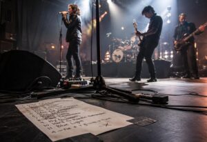 Setliste für Auftritt erstellen: Live-Band auf Konzertbühne mit handgeschriebener Setliste, Mikrofon, Kabeln und Veranstaltungstechnik.