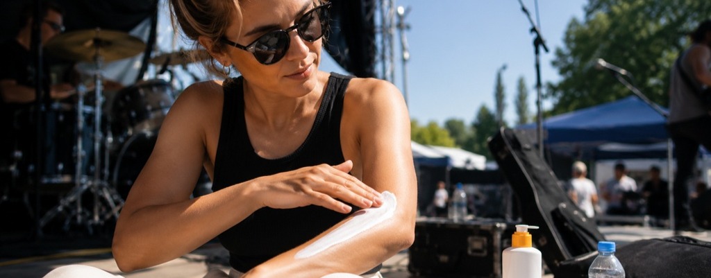 Musikerin trägt bei einem sonnigen Open-Air-Gig Sonnencreme auf den Unterarm auf, neben ihr stehen Sonnencreme, Wasserflasche und Handtuch.