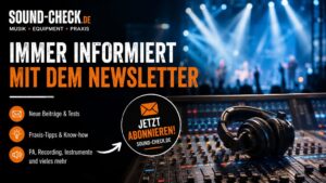 Newsletter-Grafik von sound-check.de mit Mischpult, Kopfhörern, Konzertlicht und Hinweis „Jetzt abonnieren“