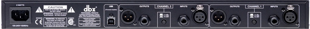 Rückseite des dbx AFS2 Feedback-Suppressors mit XLR- und TRS-Ein- und Ausgängen, USB-Port, Netzbuchse und Pegelschaltern.