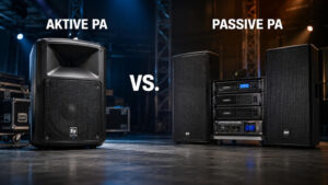 Aktive oder passive PA: Vergleich eines Aktivlautsprechers mit einem passiven PA-System inklusive externer Endstufe auf einer professionellen Konzertbühne.
