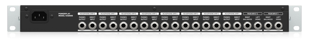 Behringer HA8000 V2 Rückseite mit acht Direct Inputs, Kopfhörerausgängen und zwei Main-Eingängen für Studio und PA.