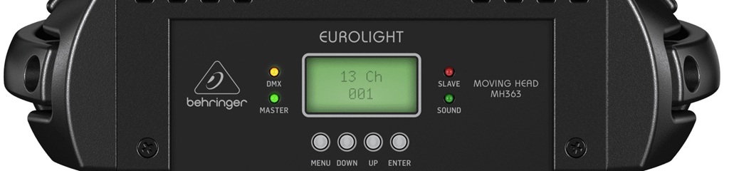 Behringer Moving Head MH363 Test – Frontpanel mit LCD, 13-Kanal-DMX-Modus, Adresse 001 und Bedientasten.