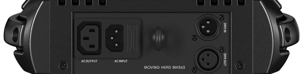 Behringer Moving Head MH363 Test – Rückseite mit AC Input, AC Output, Sicherung sowie DMX In und DMX Out.