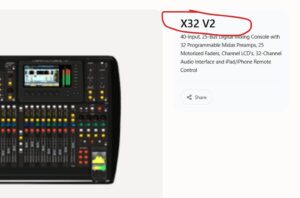 Behringer X32 V2 Leak mit rot markiertem Produktnamen auf einer Behringer-Webseite und Digitalmischpult im Bild.