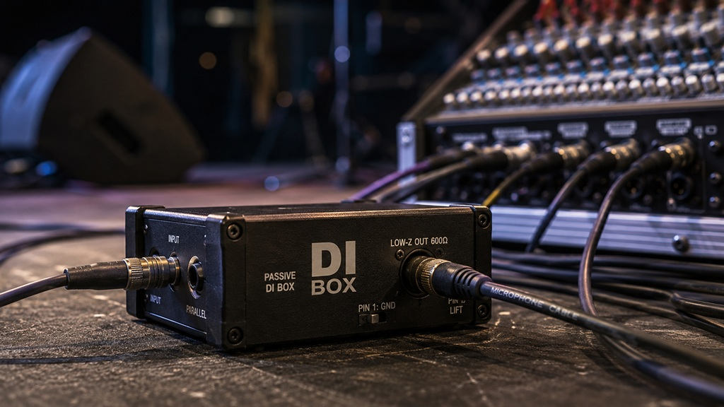 DI-Box mit angeschlossenen Audiokabeln in einer PA-Umgebung auf der Bühne, im Hintergrund Mischtechnik und Monitorlautsprecher.