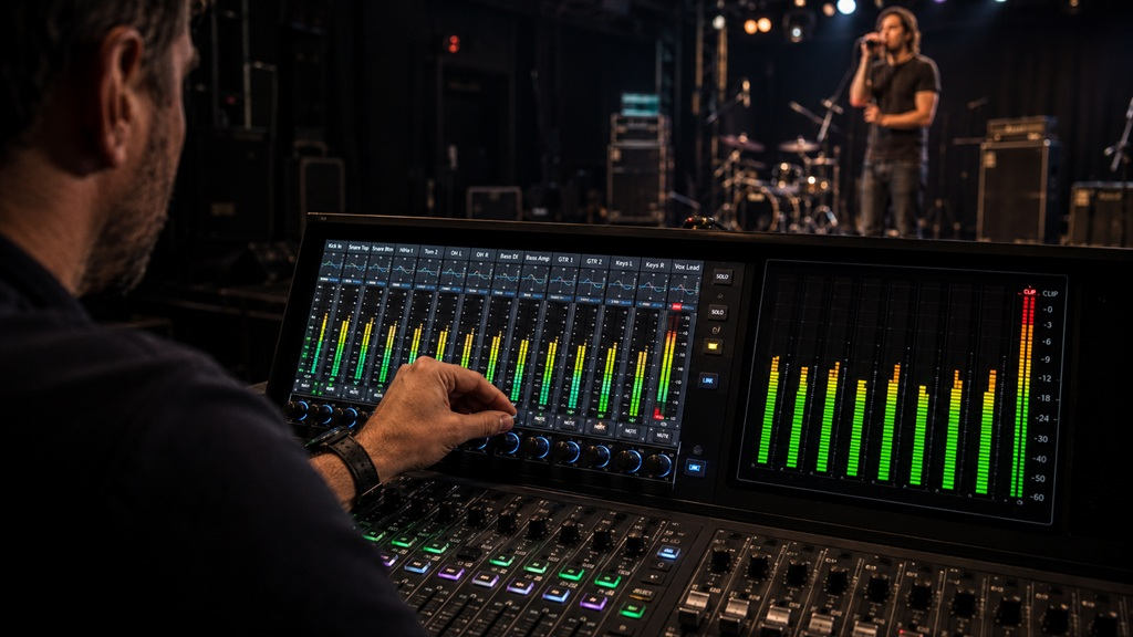 Tontechniker stellt beim Live-Band mixen den Gain am digitalen Mischpult ein, während ein Sänger beim Soundcheck ins Mikrofon singt.