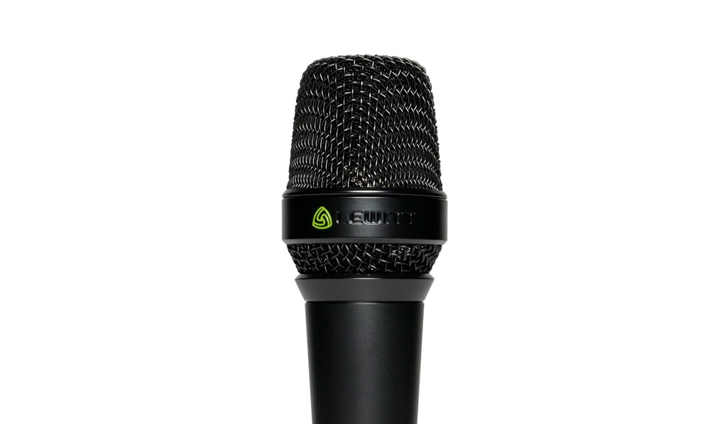 Lewitt MTP 840 DM dynamisches Gesangsmikrofon mit schwarzem Mikrofonkorb und grünem Lewitt-Logo.