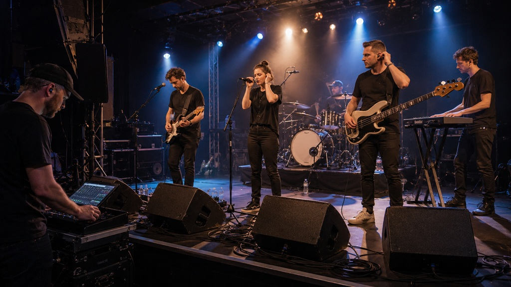Live-Band mit Bühnenmonitoren und In-Ear-Monitoring auf einer Clubbühne während ein Techniker den Monitormix steuert.