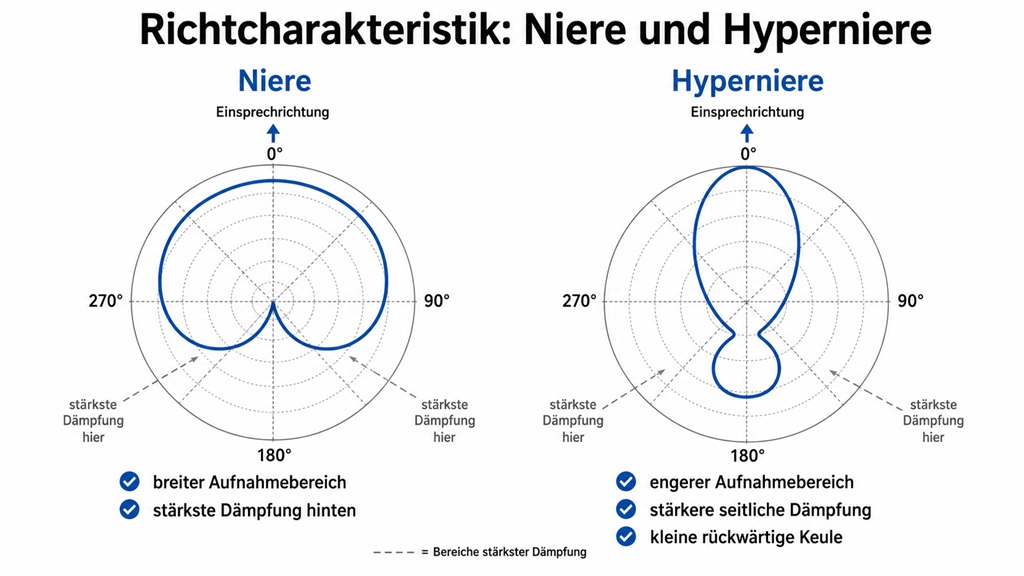 Richtcharakteristik von Niere und Hyperniere beim Gesangsmikrofon im schematischen Vergleich