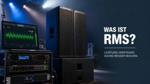PA-Lautsprecher, Endstufen-Rack und Laptop mit RMS-Messung zur Erklärung des RMS-Werts
