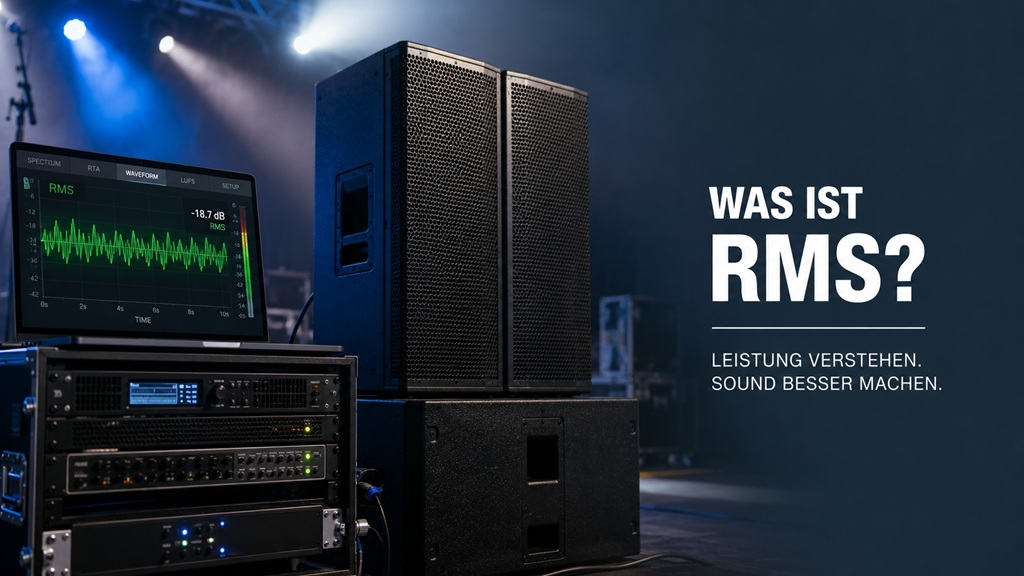 PA-Lautsprecher, Endstufen-Rack und Laptop mit RMS-Messung zur Erklärung des RMS-Werts