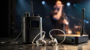 Drahtloses In-Ear-Set für Sänger mit Bodypack, Sender und In-Ear-Hörern vor unscharfem Sänger auf Live-Bühne.