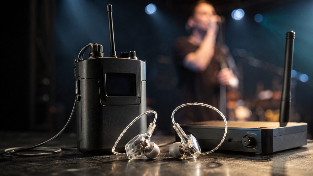 Drahtloses In-Ear-Set für Sänger mit Bodypack, Sender und In-Ear-Hörern vor unscharfem Sänger auf Live-Bühne.