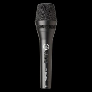 AKG Perception live P5s Gesangsmikrofon mit schwarzem Metallgehäuse, Drahtgitterkorb und Ein-/Ausschalter vor schwarzem Hintergrund.