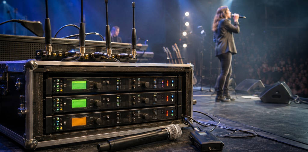 Funkstrecke auf einer Live-Bühne mit Wireless-Empfängern, Antennen, Funkmikrofon und Bodypack für kabellose Signalführung.