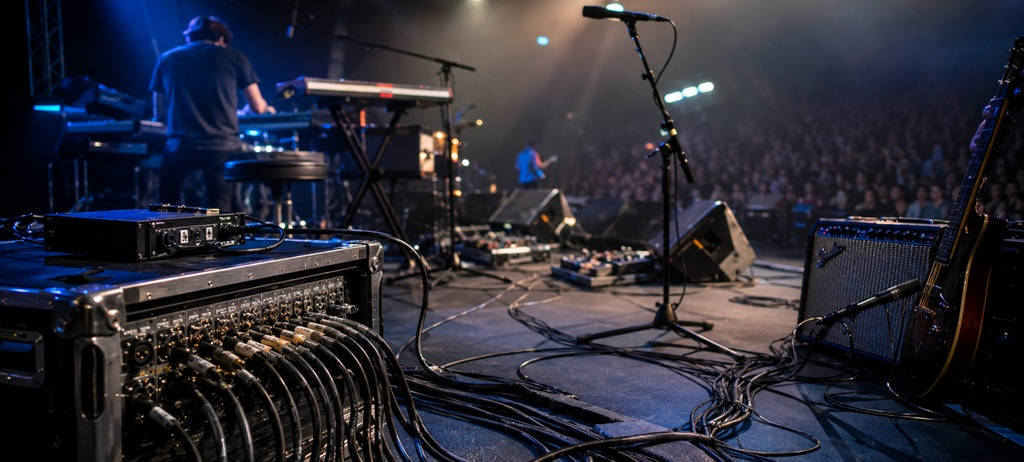 Kabelgebundene Signalführung auf einer Live-Bühne mit Stagebox, XLR-Kabeln, Mikrofon und Instrumentenkabeln.