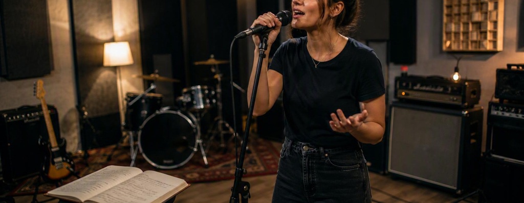 Sängerin singt vor einem Mikrofon in einem Proberaum; im Vordergrund liegt ein aufgeschlagenes Buch, im Hintergrund stehen Schlagzeug, Verstärker und Akustikpaneele.