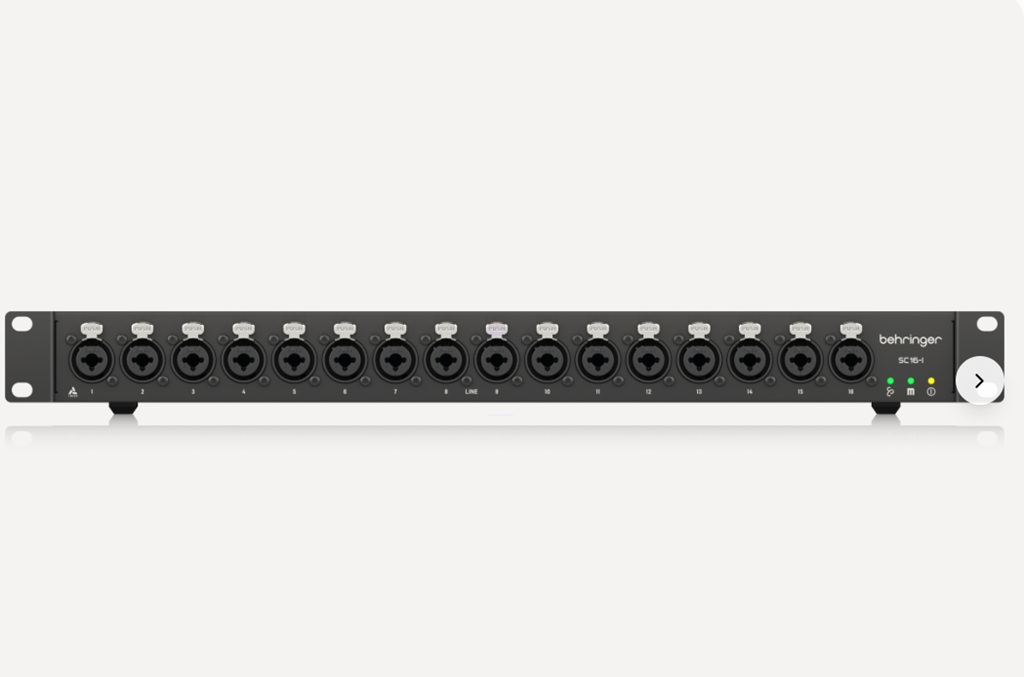 Behringer SC16-I StageConnect Interface mit 16 XLR/TRS-Eingängen, acht TRIAD-Mikrofonvorverstärkern und acht Line-Eingängen für PA und Live-Sound.
