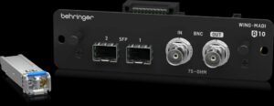 Behringer WING-MADI Erweiterungskarte mit zwei SFP-Slots und BNC-MADI-Ein- und Ausgängen für WING-Digitalmischpulte.
