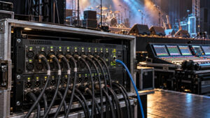 Digitale Stagebox mit XLR- und Netzwerkverbindungen vor Digitalmischpult und Bühne – Setup für Routing, Clock und Gain im Live-Betrieb.